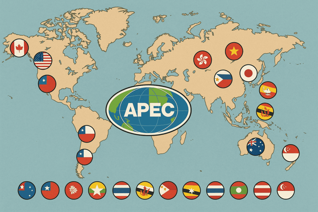 에이팩(APEC)은 회원국의 국가의 표시가 세계지도에 그려져 있고, 각 국가의 국기도 표시되어 있습니다.