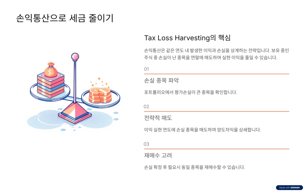 미국주식 양도소득세 손익통산으로 세금 줄이는 방법을 설명하고 있습니다.