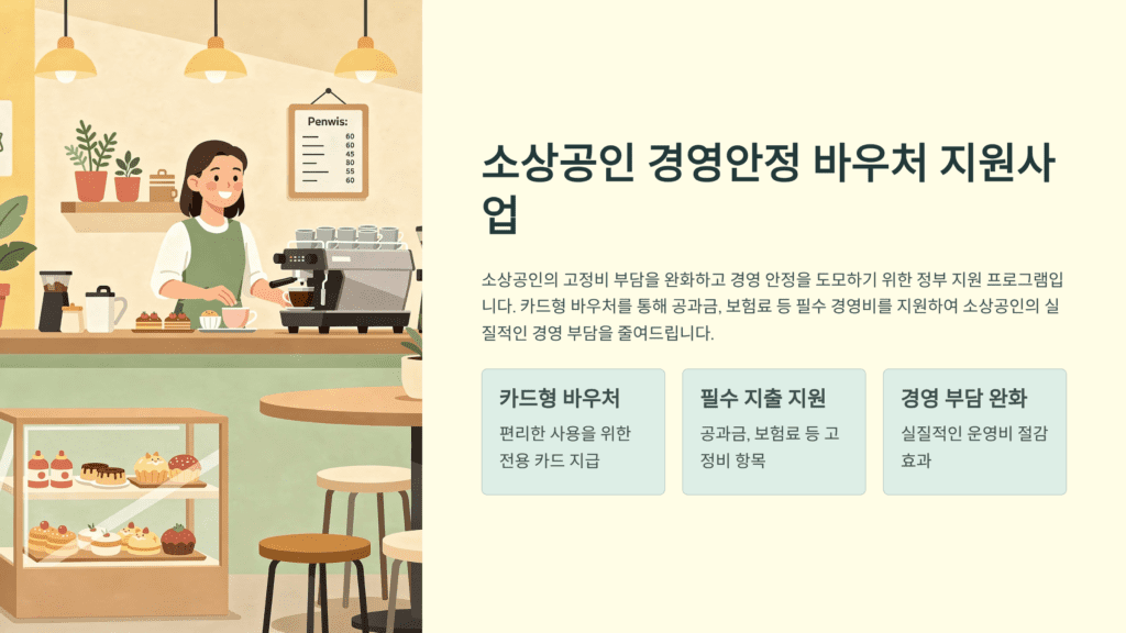 소상공인 경영안정 바우처 지원사업을 설명하고 있습니다. 소상공인이 커피를 내리고 있습니다.