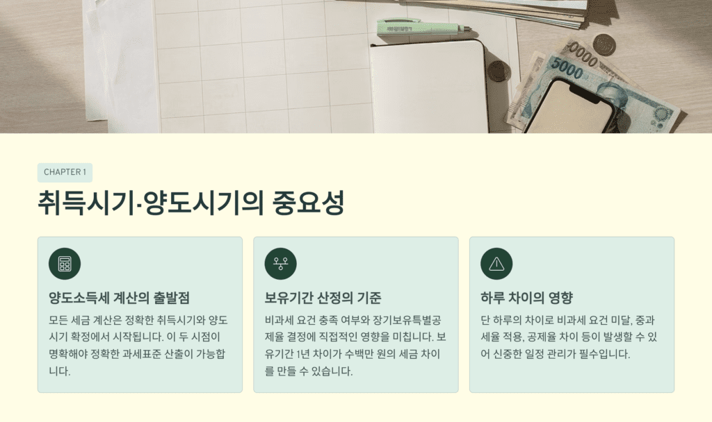 부동산 거래의 취득시기와 양도시기의 중요성에 대하여 설명하고 있어요