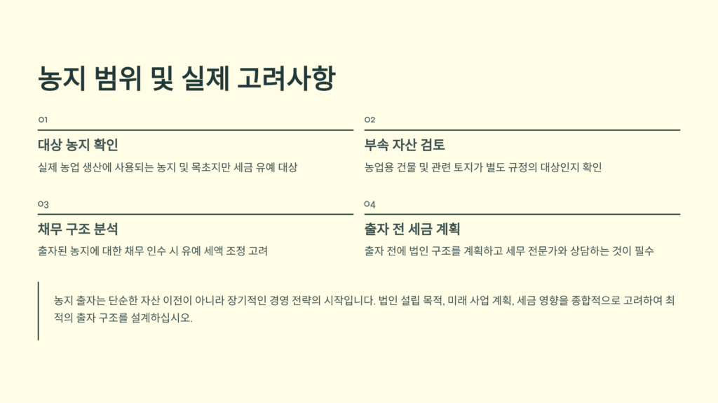 농지출자 이월과세 제도에 대한 농지의 범위와 실제 고려사항을 보여주는 이미지 입니다.