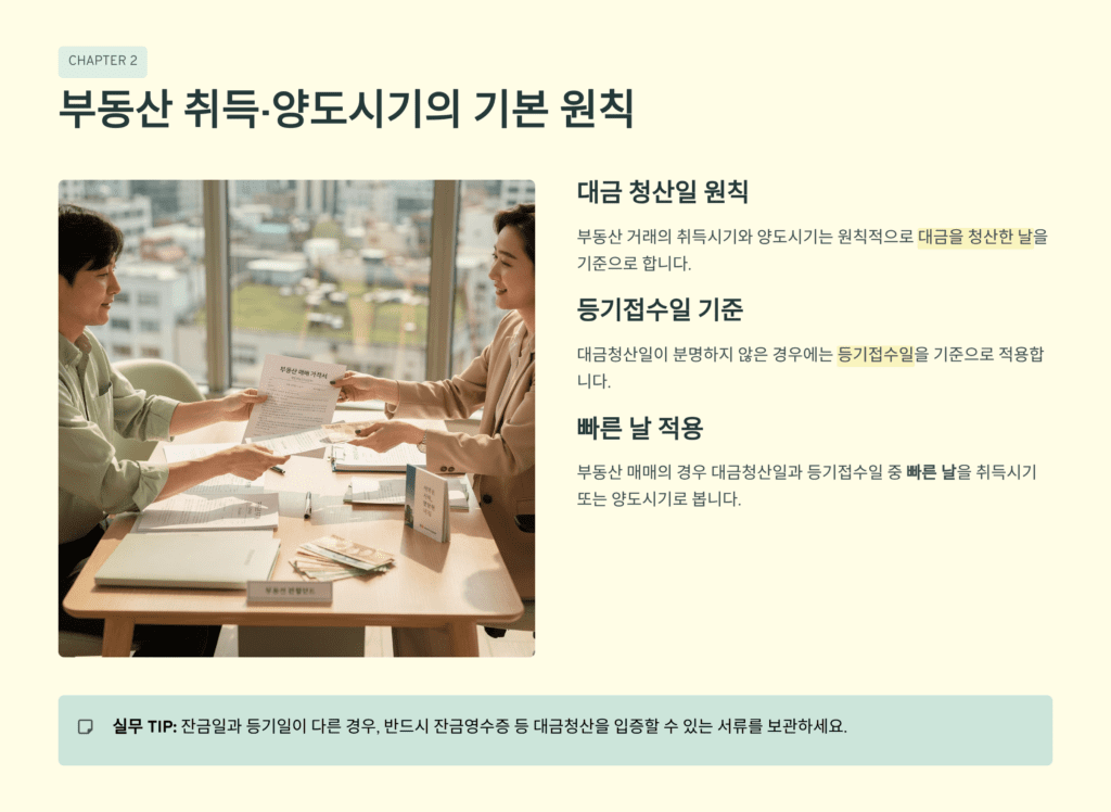 부동산 취득과 양도시기의 기본원칙을 설명하고 있습니다