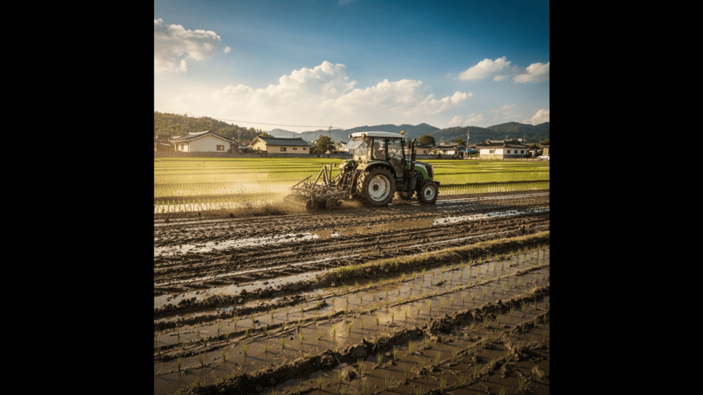 농지출자 이월과세를 적용할 수 있는 농지에서 트랙터가 모심기를 하고 있는 이미지입니다.