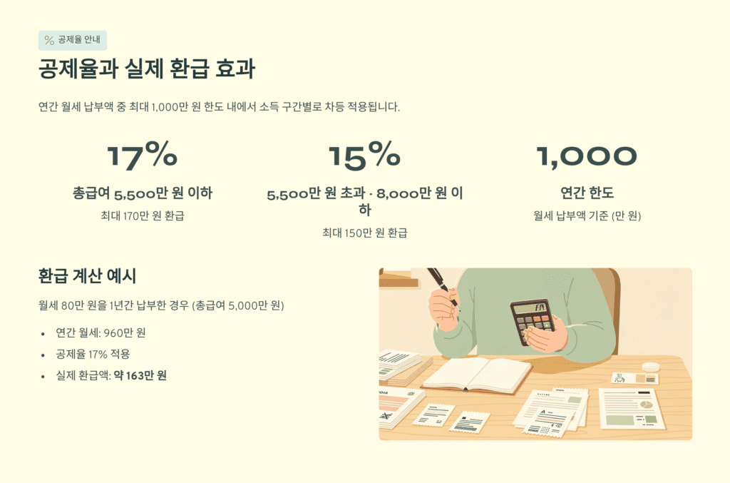 월세 세액공제 공제율과 실제 환급효과를 설명하는 이미지입니다.