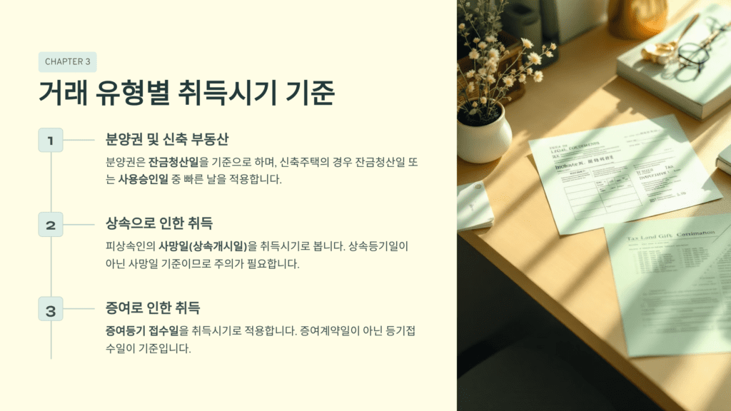 부동산 거래 유형별 취득시기 기준을 설명하고 있어요.