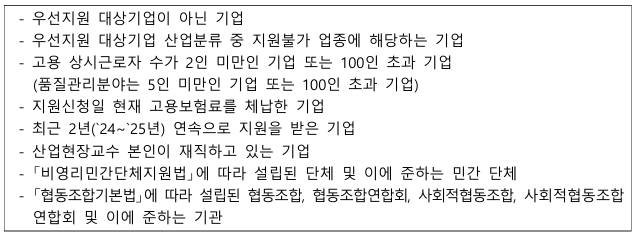 산업현장교수 지원사업을 지원할 수 없는 중소기업을 설명하고 있습니다.