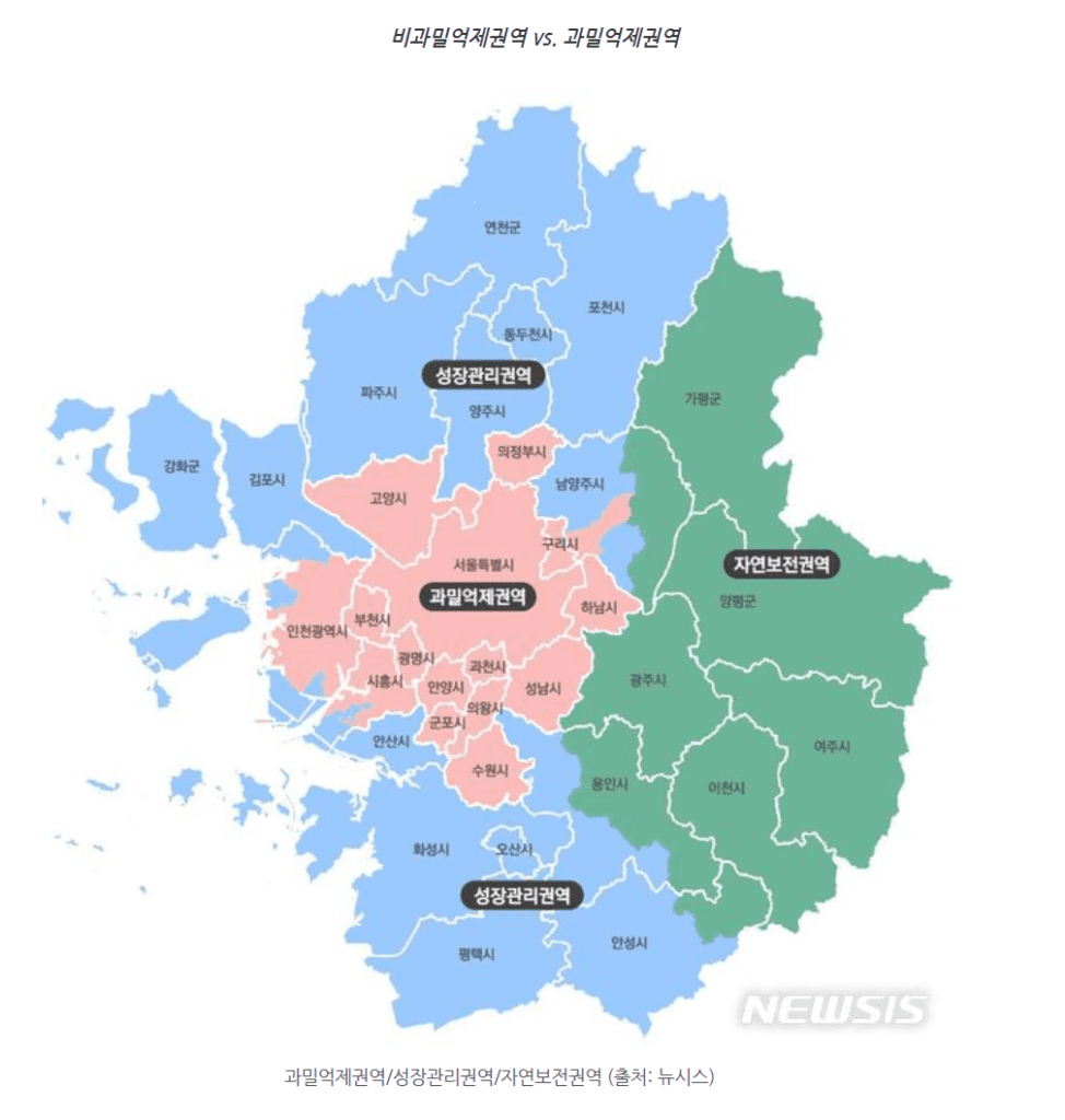 창업감면 중 과밀억제권역을 표시하고 있는 지도입니다.